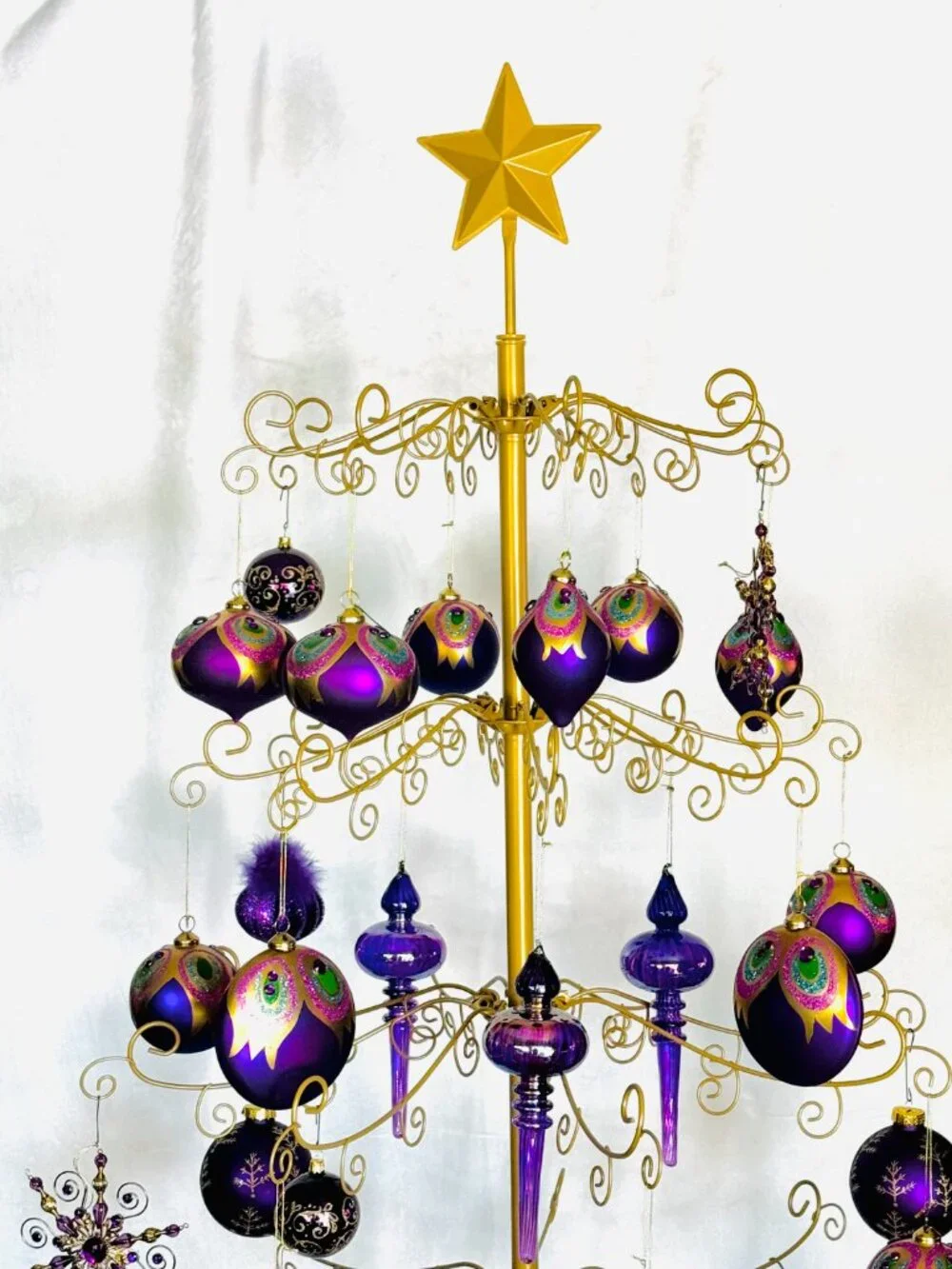 5 Peacock Feather Christmas Tree Ornaments Purple Teal Gold Glittered Gemstone